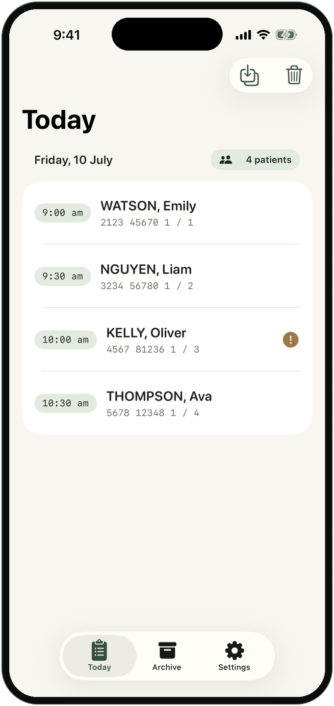 AOB Assist Today screen listing this morning's patients, read straight from a photographed appointment list